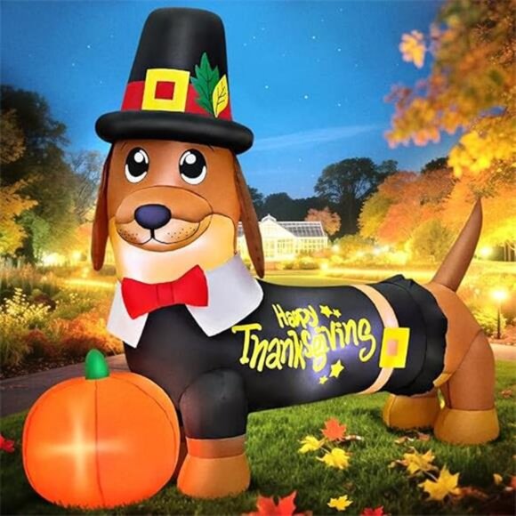 New 5FT Thanksgiving Inflatables Decorations Blow Up Dachshund with Pumpkin - Picture 7 of 7